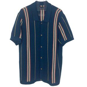 Lucky Brand Open Knit Sweater Short Sleeve Mens XL Blue Stripe Button Up